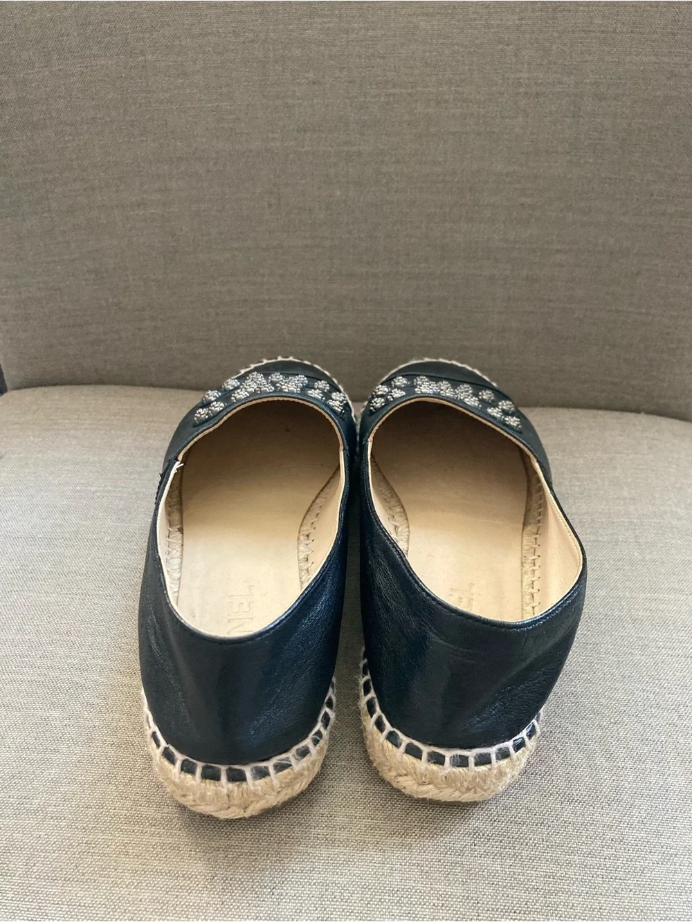 CHANEL Black Leather Espadrille Flats with Crystal CC Motif